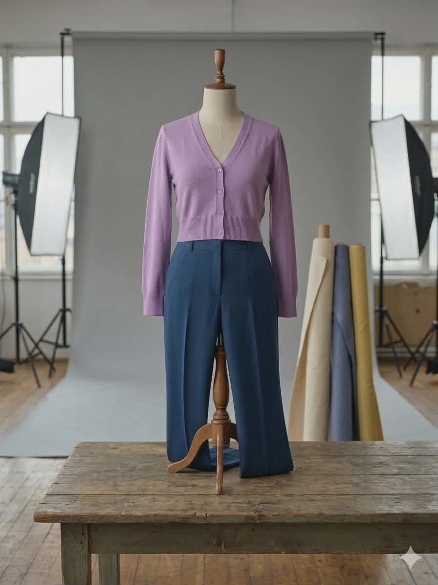 Set elegant Cardigan Lila + Pantaloni Office Albastru Petrol (46)+ Eșarfă cadou