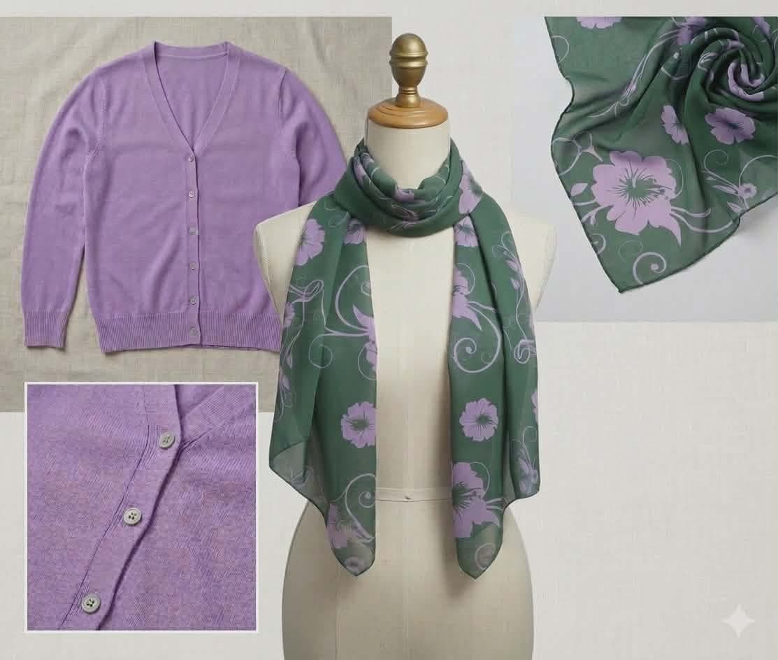 Set elegant Cardigan Lila + Pantaloni Office Albastru Petrol (46)+ Eșarfă cadou