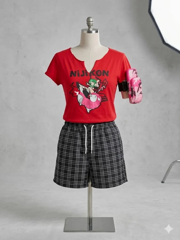 Set 3 Piese Sport: Tricou Roșu Grafic + Șort Carouri + Borsetă Braț -XL