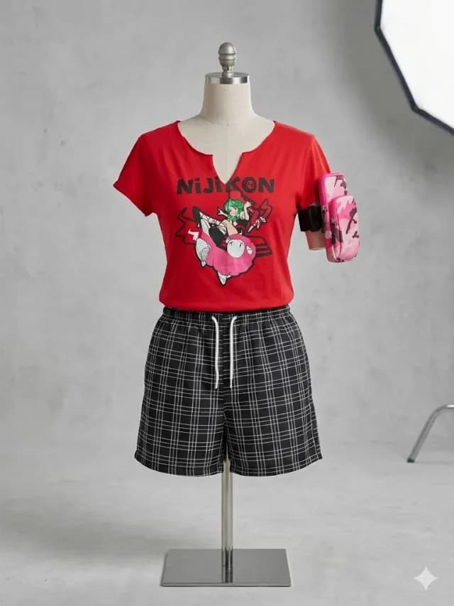Set 3 Piese Sport: Tricou Roșu Grafic + Șort Carouri + Borsetă Braț -XL