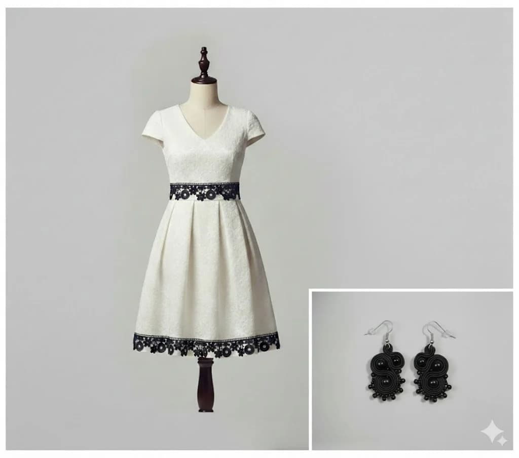 Set Rochie Elegantă Albă cu Dantelă Neagră și Cercei Soutache Asortați