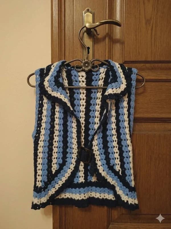 Vestă croșetată handmade | model unicat | albastru , bleu si alb