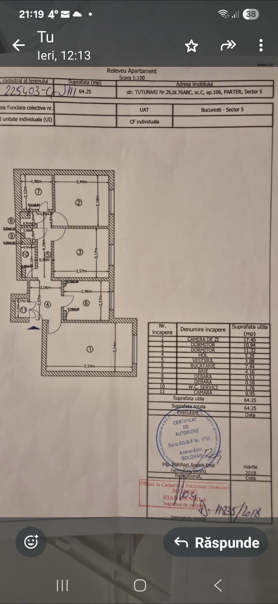 Vand apartament 3 camere cf.1 decomandat  Rahova-Sebastian str.Tutunari