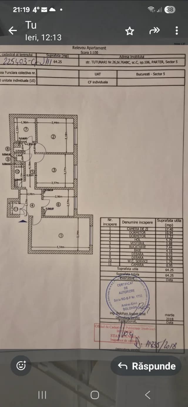 Vand apartament 3 camere cf.1 decomandat  Rahova-Sebastian str.Tutunari