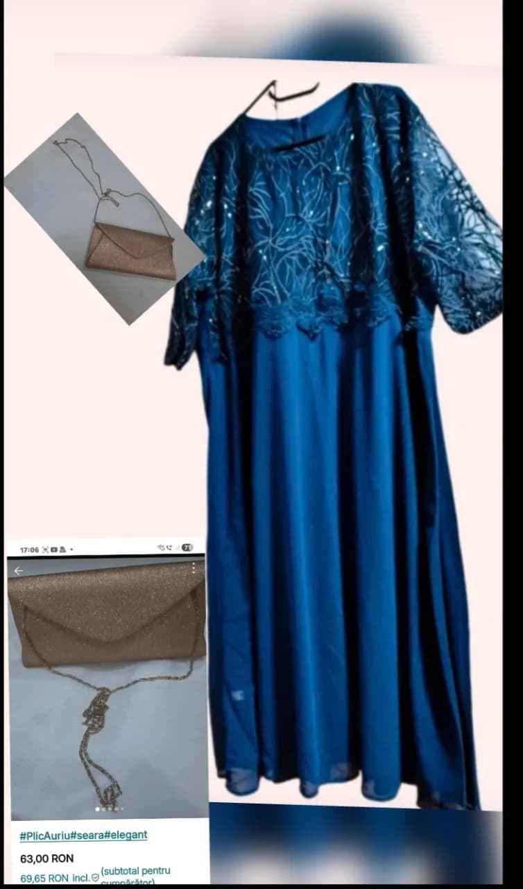 Rochie lungă, bleumarin 5XL,  plic auriu, folosit – Sector 5, București