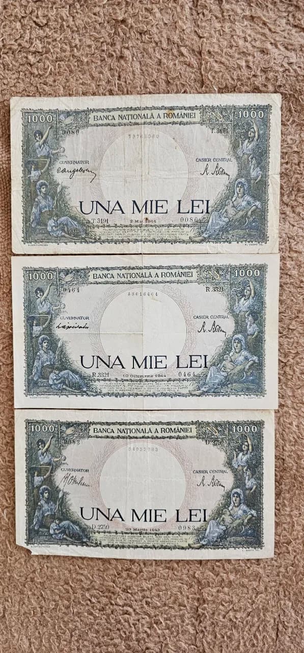 3 bancnote 1ooo lei din anii 1943 si 1944 – Vatra Dornei, Suceava – Hobby-uri