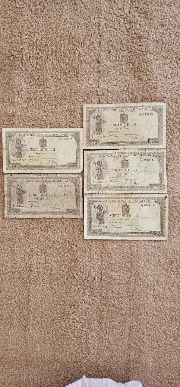 5 bancnote 5oo lei din anii 194o,1941 si 1943 – Vatra Dornei, Suceava – Hobby-uri