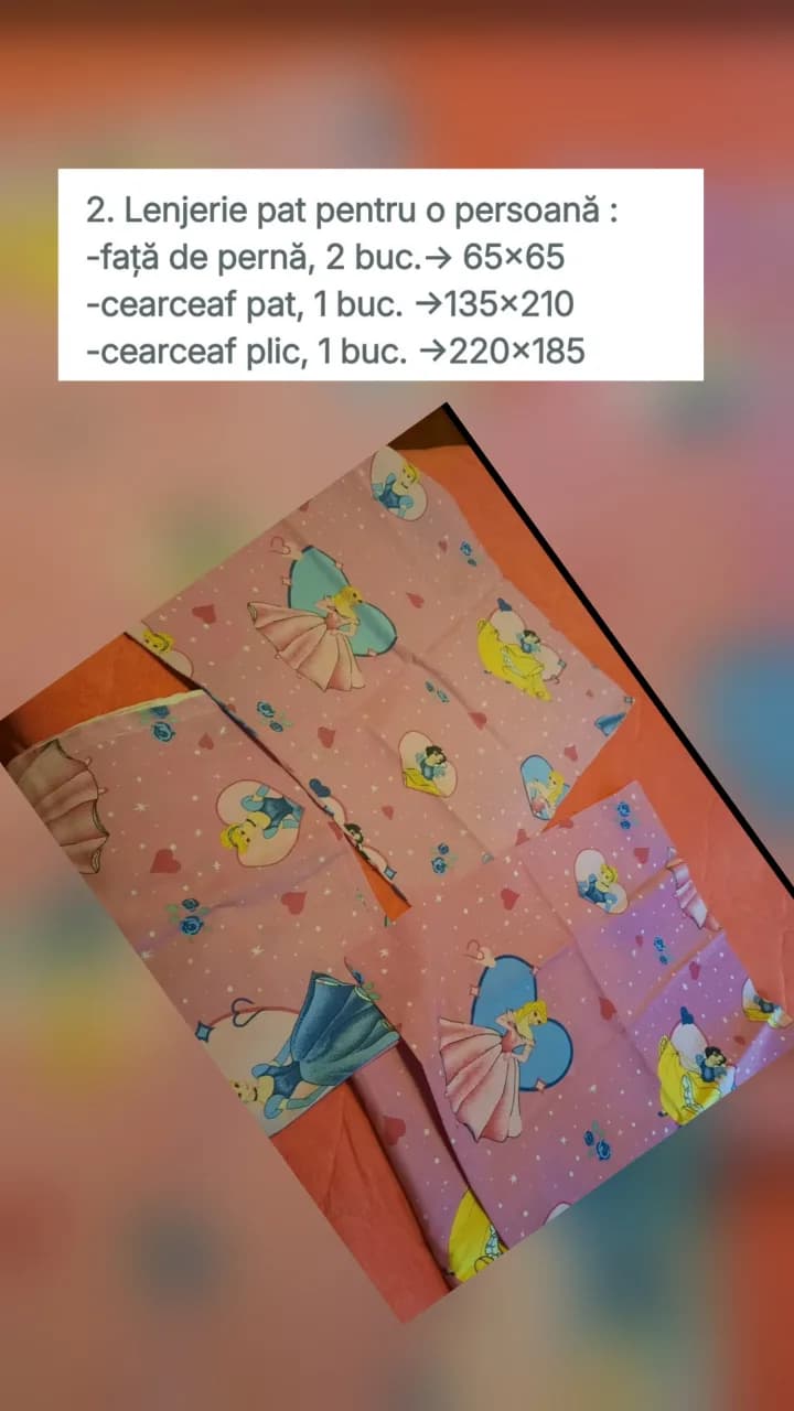 Set complet (lenjerie,pilota si 2 perne) pat copii Disney Prințese (Bumbac 100% comandă) + Pilotă + 2 Perne, folosit – fotografia 3 din 7