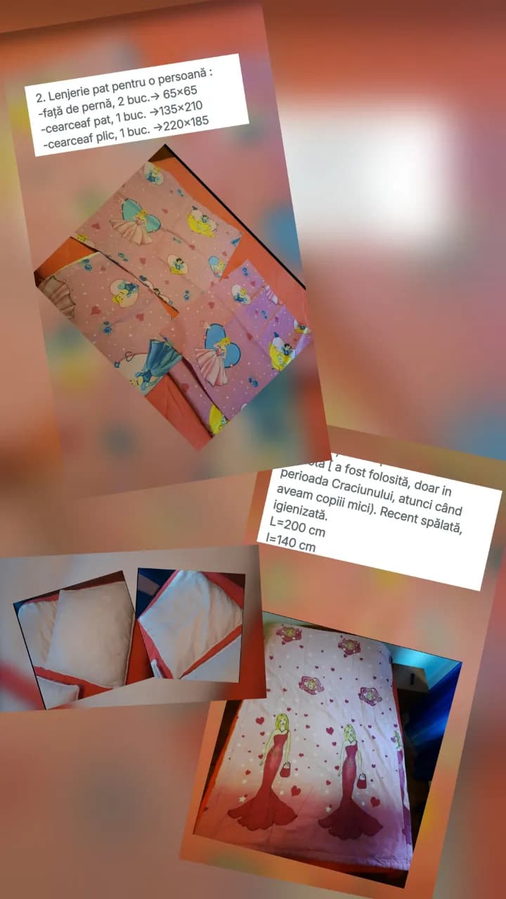 Set complet (lenjerie,pilota si 2 perne) pat copii Disney Prințese (Bumbac 100% comandă) + Pilotă + 2 Perne, folosit – Sector 5, București – Alte anunțuri