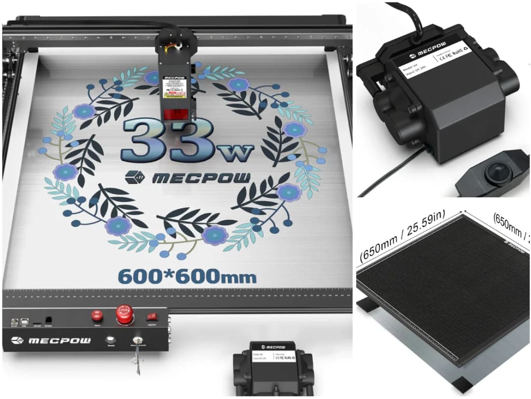 Laser CNC Mecpow x5Pro, 33W, 600x600mm + Auto Air Assist + Fagure - Folosit putin pentru teste si demo – Bragadiru, Ilfov – Unelte