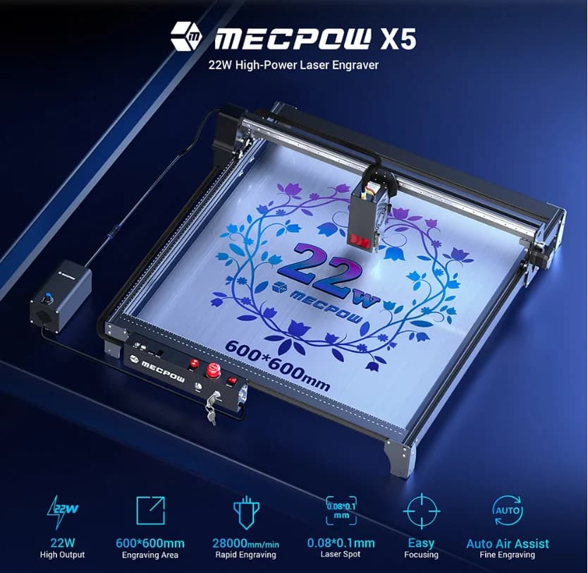 Laser CNC Mecpow X5 Pro, 22W Optic Real, 600x600mm, air assist si fagure - Folosit putin teste demo – fotografia 3 din 7