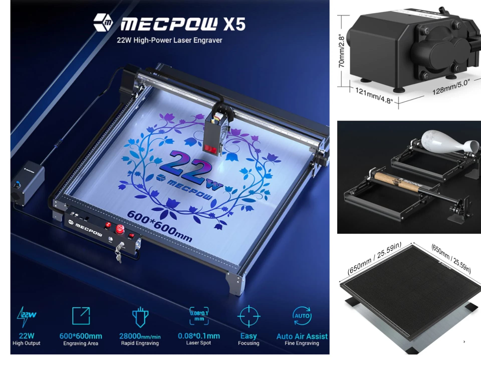Laser CNC Mecpow X5 Pro, 22W Optic Real, 600x600mm, air assist si fagure - Folosit putin teste demo