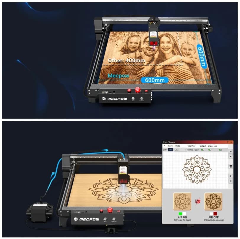 Laser CNC Mecpow x5Pro, 33W, 600x600mm + Auto Air Assist + Fagure - Folosit putin pentru teste si demo – fotografia 2 din 8