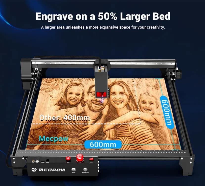 Laser CNC Mecpow X5 Pro, 22W Optic Real, 600x600mm, air assist si fagure - Folosit putin teste demo – fotografia 5 din 7