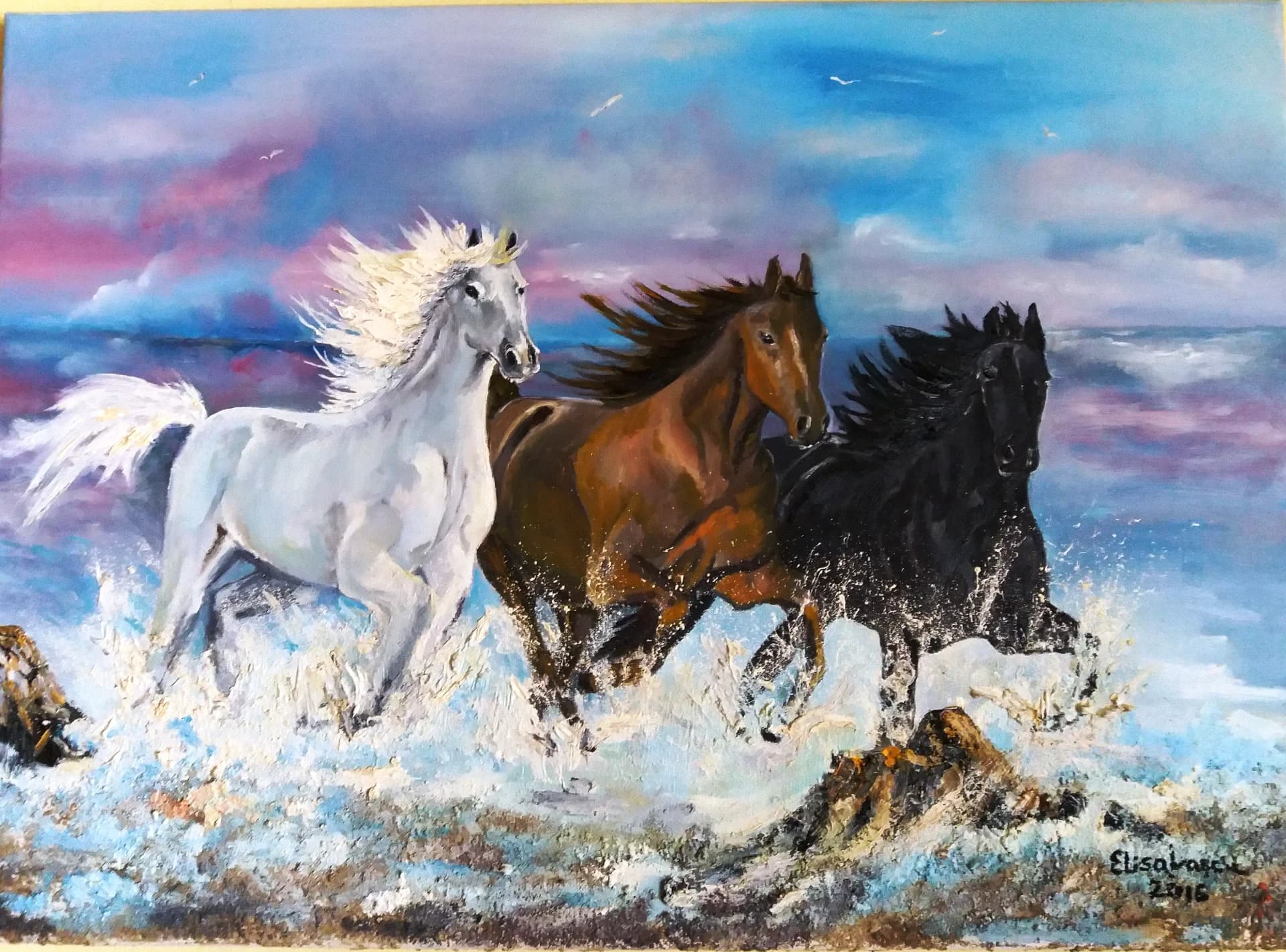 Vand tabloul "Caii in galop,la tarmul marii", pictura in ulei pe panza