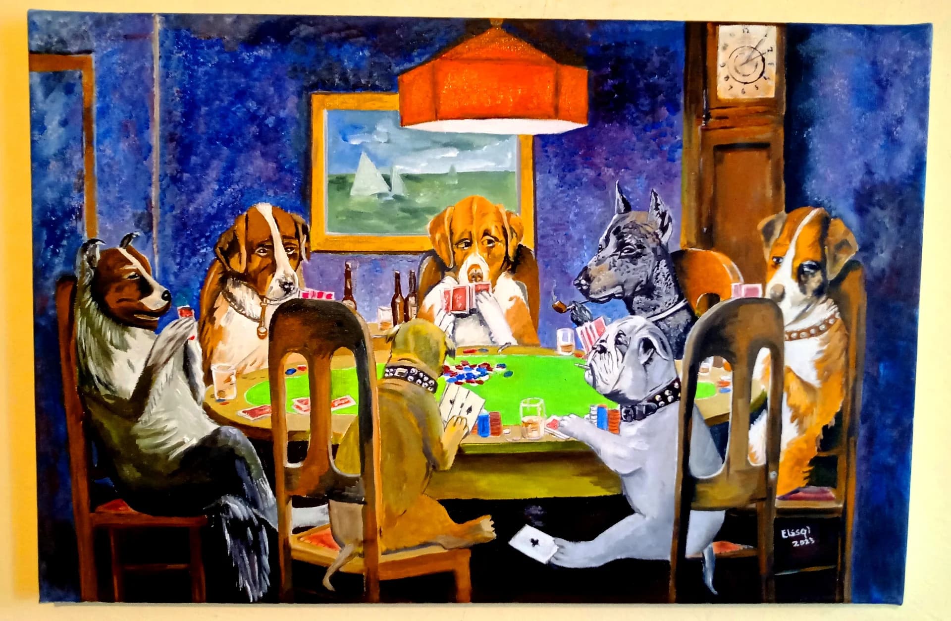 Tabloul "Cainii care joaca poker", pictura manuala in ulei pe panza