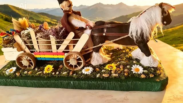 Macheta Tradițională Românească -Caruta rustica cu cal și Vizitiu din Lana Împâslită
