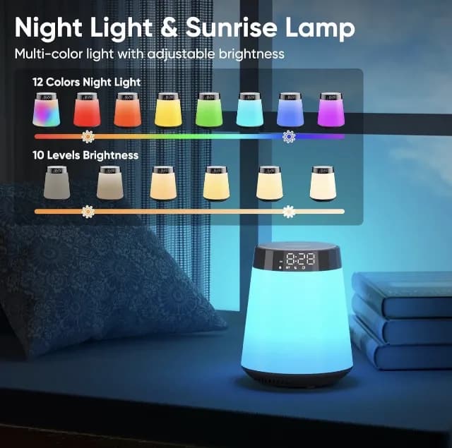 Ceas deșteptător Sunrise 4-în-1 cu Difuzor Bluetooth – Lumină de Noapte, Sunete Relaxante & White Noise