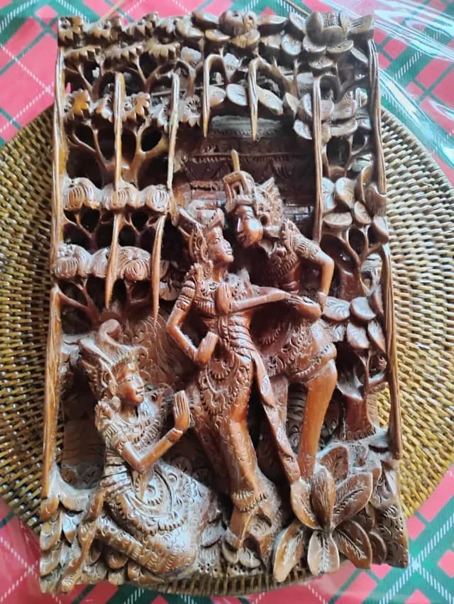 Sculptură unică lemn masiv Bali / Panou decorativ 3D Ramayana vintage