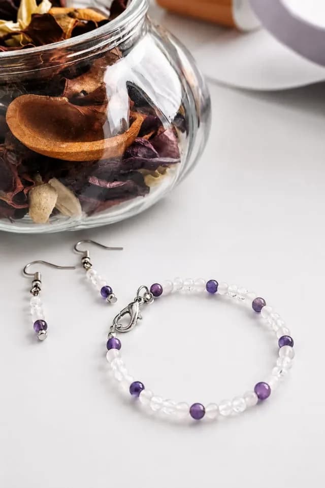Set Cercei & Brățară Handmade Ametist, Cuarț roz, Cuarț transparent