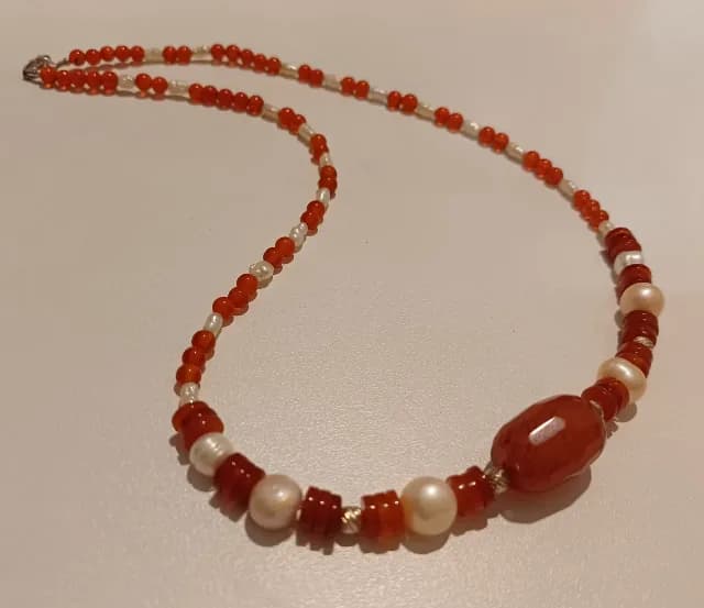 Colier agate, carneol, perle de cultură și argint