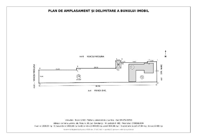 Teren 1.056 Mp Cu Casă Și Spațiu Comercial – Lumina, Strada Mare Nr. 83 – Direct Proprietar  Vând teren cu casă, cu o suprafață totală de 1.056,84 mp (lungime 88,94 m, lățime 15,35 m), situat în lumin
